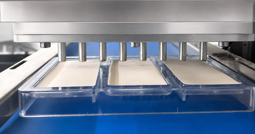Custom polycarbonate chocolate molds moving through a commercial chocolate depositing line