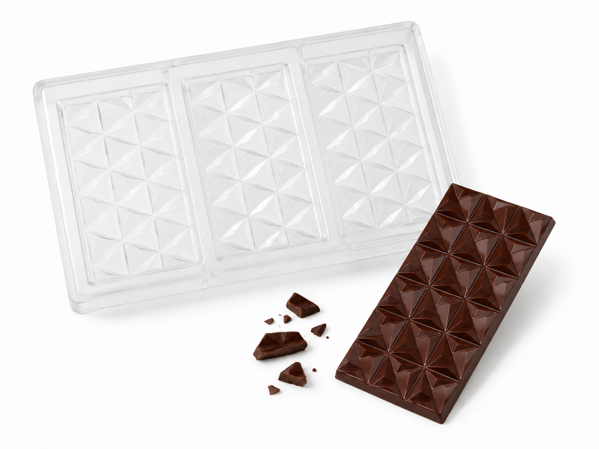 Commercial polycarbonate chocolate bar mold with segmented bar cavities