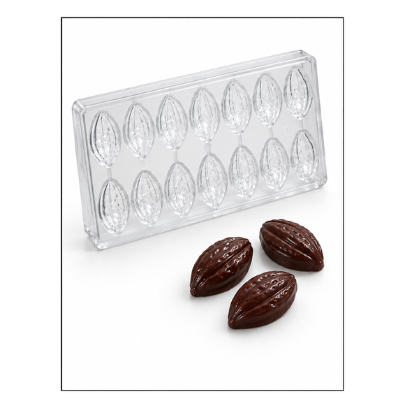 12g cacao pod polycarbonate chocolate mold with 14 cavities and finished cacao pod chocolates
