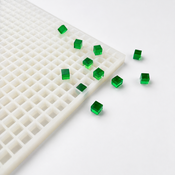 1 mL kubus-gummivorm — schuin aanzicht met smaragdgroene gummies