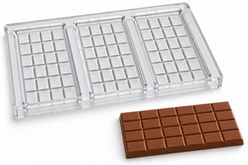 98g 24-piece polycarbonate chocolate bar mold with three upright cavities, each in six rows of four, and a matching twenty-four-piece chocolate bar.